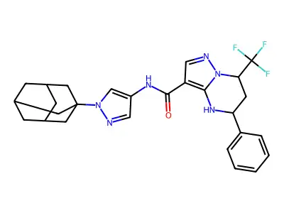 5-phenyl-N-[1-(tricyclo[3.3.1.1~3,7~]dec-1-yl)-1H-pyrazol-4-yl]-7-(trifluoromethyl)-4,5,6,7-tetrahydropyrazolo[1,5-a]pyrimidine-3-carboxamide structure