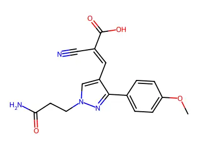 3-[1-(2-carbamoylethyl)-3-(4-methoxyphenyl)-1H-pyrazol-4-yl]-2-cyanoprop-2-enoic acid structure