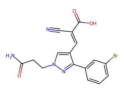 3-[3-(3-bromophenyl)-1-(2-carbamoylethyl)-1H-pyrazol-4-yl]-2-cyanoprop-2-enoic acid structure