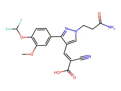 3-[1-(2-carbamoylethyl)-3-[4-(difluoromethoxy)-3-methoxyphenyl]-1H-pyrazol-4-yl]-2-cyanoprop-2-enoic acid structure