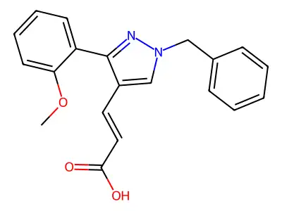 3-[1-benzyl-3-(2-methoxyphenyl)-1H-pyrazol-4-yl]prop-2-enoic acid structure