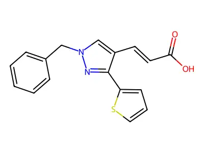 (2E)-3-[1-benzyl-3-(thiophen-2-yl)-1H-pyrazol-4-yl]prop-2-enoic acid structure