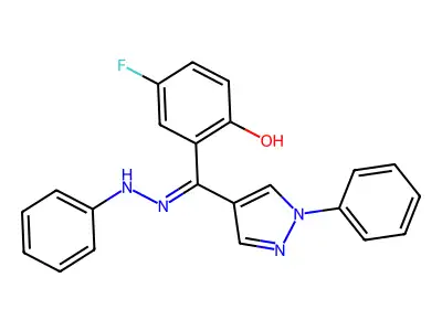 4-fluoro-2-[(1-phenyl-1H-pyrazol-4-yl)(2-phenylhydrazin-1-ylidene)methyl]phenol structure