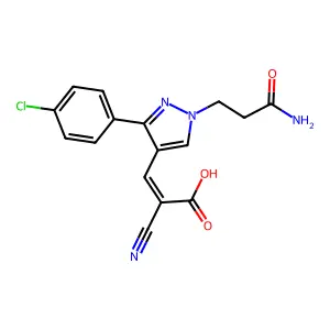 3-[1-(2-carbamoylethyl)-3-(4-chlorophenyl)-1H-pyrazol-4-yl]-2-cyanoprop-2-enoic acid structure