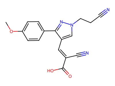 2-cyano-3-[1-(2-cyanoethyl)-3-(4-methoxyphenyl)-1H-pyrazol-4-yl]prop-2-enoic acid structure