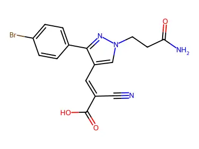 3-[3-(4-bromophenyl)-1-(2-carbamoylethyl)-1H-pyrazol-4-yl]-2-cyanoprop-2-enoic acid structure