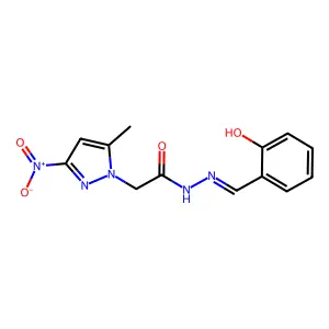 N-[(2-hydroxyphenyl)methylideneamino]-2-(5-methyl-3-nitropyrazol-1-yl)acetamide structure