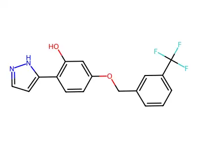 2-(1H-pyrazol-3-yl)-5-{[3-(trifluoromethyl)benzyl]oxy}benzenol structure