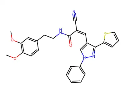 (Z)-2-Cyano-N-[2-(3,4-dimethoxyphenyl)ethyl]-3-(1-phenyl-3-thiophen-2-ylpyrazol-4-yl)prop-2-enamide structure