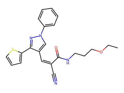 (Z)-2-Cyano-N-(3-ethoxypropyl)-3-(1-phenyl-3-thiophen-2-ylpyrazol-4-yl)prop-2-enamide structure