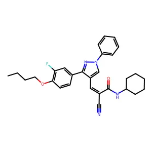 (Z)-3-[3-(4-Butoxy-3-fluorophenyl)-1-phenylpyrazol-4-yl]-2-cyano-N-cyclohexylprop-2-enamide structure