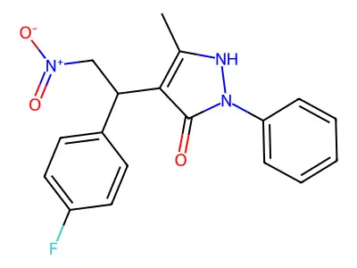 4-[1-(4-fluorophenyl)-2-nitroethyl]-5-methyl-2-phenyl-1H-pyrazol-3-one structure