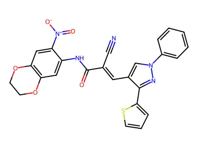2-cyano-N-(6-nitro-2,3-dihydro-1,4-benzodioxin-7-yl)-3-(1-phenyl-3-thiophen-2-ylpyrazol-4-yl)prop-2-enamide structure