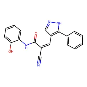 (Z)-2-cyano-N-(2-hydroxyphenyl)-3-(5-phenyl-1H-pyrazol-4-yl)prop-2-enamide structure