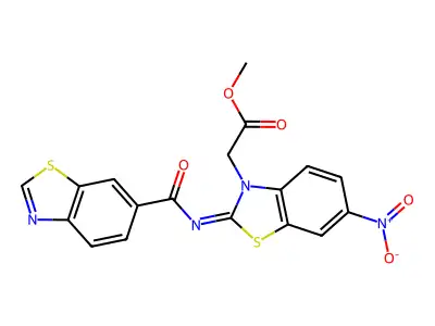 (Z)-methyl 2-(2-((benzo[d]thiazole-6-carbonyl)imino)-6-nitrobenzo[d]thiazol-3(2H)-yl)acetate structure