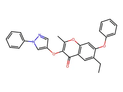 6-ethyl-2-methyl-7-phenoxy-3-[(1-phenyl-1H-pyrazol-4-yl)oxy]-4H-chromen-4-one structure