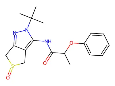 N-(2-tert-butyl-5-oxo-4,6-dihydrothieno[3,4-c]pyrazol-3-yl)-2-phenoxypropanamide structure