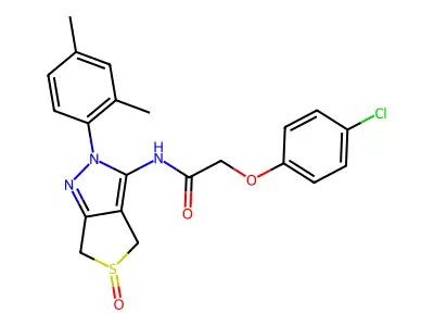 2-(4-chlorophenoxy)-N-[2-(2,4-dimethylphenyl)-5-oxo-4,6-dihydrothieno[3,4-c]pyrazol-3-yl]acetamide structure