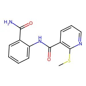 N-(2-carbamoylphenyl)-2-(methylsulfanyl)pyridine-3-carboxamide structure