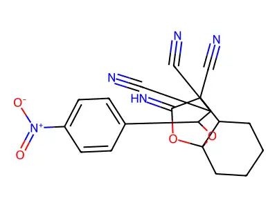 10-imino-2-(4-nitrophenyl)tetrahydro-8a,4-(epoxymethano)chromene-3,3,4(2H,4aH)-tricarbonitrile structure