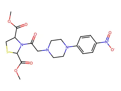 Dimethyl 3-[2-[4-(4-nitrophenyl)piperazin-1-yl]acetyl]-1,3-thiazolidine-2,4-dicarboxylate structure
