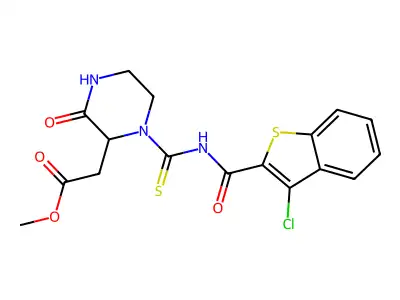 methyl [1-({[(3-chloro-1-benzothien-2-yl)carbonyl]amino}carbonothioyl)-3-oxo-2-piperazinyl]acetate structure