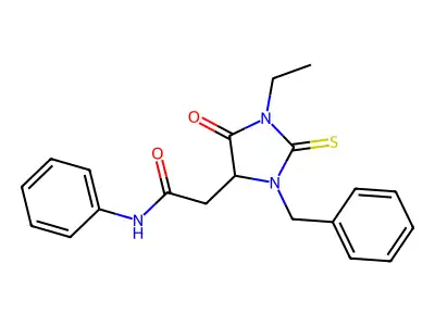 2-(3-benzyl-1-ethyl-5-oxo-2-sulfanylideneimidazolidin-4-yl)-N-phenylacetamide structure