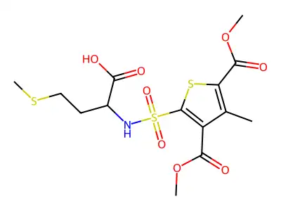 2-[3,5-bis(methoxycarbonyl)-4-methylthiophene-2-sulfonamido]-4-(methylsulfanyl)butanoic acid structure