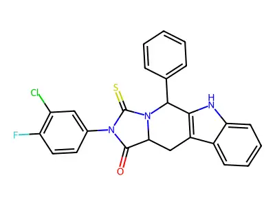 2-(3-chloro-4-fluorophenyl)-5-phenyl-3-thioxo-2,3,5,6,11,11a-hexahydro-1H-imidazo[1',5':1,6]pyrido[3,4-b]indol-1-one structure