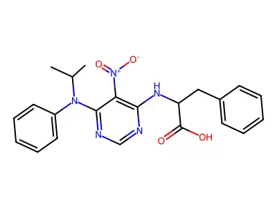 2-{[6-(Isopropylanilino)-5-nitro-4-pyrimidinyl]amino}-3-phenylpropanoic acid structure
