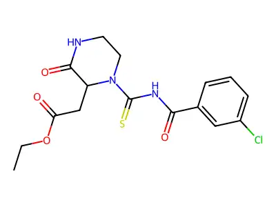 Ethyl 2-[1-[(3-chlorobenzoyl)carbamothioyl]-3-oxopiperazin-2-yl]acetate structure