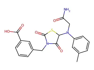 3-({5-[(2-amino-2-oxoethyl)(3-methylphenyl)amino]-2,4-dioxo-1,3-thiazolidin-3-yl}methyl)benzoic acid structure