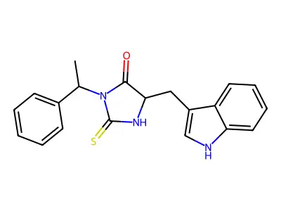 5-(1H-indol-3-ylmethyl)-3-(1-phenylethyl)-2-sulfanylideneimidazolidin-4-one structure