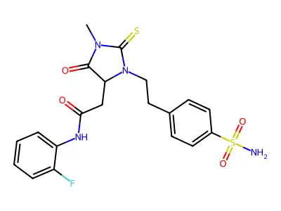 N-(2-fluorophenyl)-2-[1-methyl-5-oxo-3-[2-(4-sulfamoylphenyl)ethyl]-2-sulfanylideneimidazolidin-4-yl]acetamide structure
