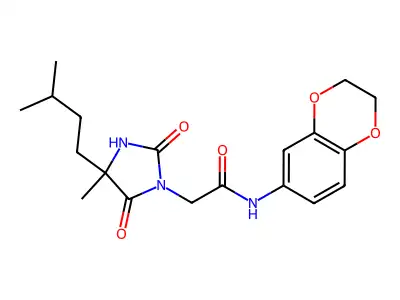 N-(2,3-dihydro-1,4-benzodioxin-6-yl)-2-[4-methyl-4-(3-methylbutyl)-2,5-dioxoimidazolidin-1-yl]acetamide structure