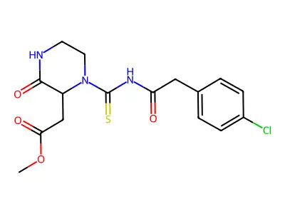 Methyl (1-{[(4-chlorophenyl)acetyl]carbamothioyl}-3-oxopiperazin-2-yl)acetate structure