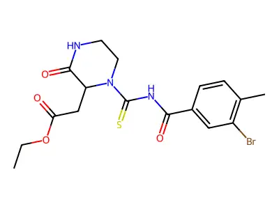Ethyl 2-[1-[(3-bromo-4-methylbenzoyl)carbamothioyl]-3-oxopiperazin-2-yl]acetate structure