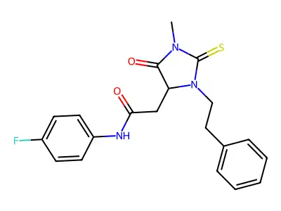 N-(4-fluorophenyl)-2-[1-methyl-5-oxo-3-(2-phenylethyl)-2-thioxoimidazolidin-4-yl]acetamide structure