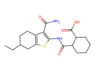 2-[(3-carbamoyl-6-ethyl-4,5,6,7-tetrahydro-1-benzothiophen-2-yl)carbamoyl]cyclohexanecarboxylic acid structure
