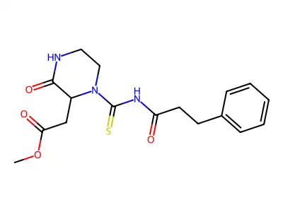 Methyl (3-oxo-1-{[(3-phenylpropanoyl)amino]carbonothioyl}-2-piperazinyl)acetate structure