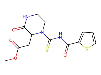 Methyl {3-oxo-1-[(thiophen-2-ylcarbonyl)carbamothioyl]piperazin-2-yl}acetate structure