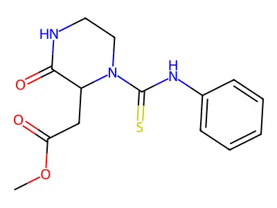 Methyl 2-{3-oxo-1-[(phenylamino)thioxomethyl]piperazin-2-yl}acetate structure