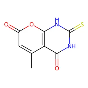 4-hydroxy-2-mercapto-5-methyl-7H-pyrano[2,3-d]pyrimidin-7-one structure