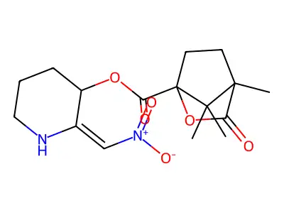 2-[(E)-nitromethylidene]-3-piperidinyl 4,7,7-trimethyl-3-oxo-2-oxabicyclo[2.2.1]heptane-1-carboxylate structure