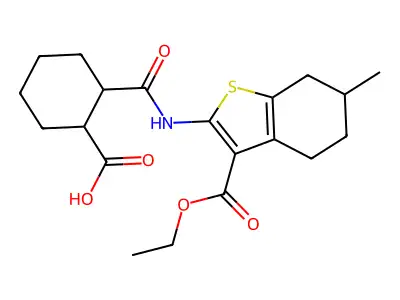 2-((3-(ethoxycarbonyl)-6-methyl-4,5,6,7-tetrahydrobenzo[b]thiophen-2-yl)carbamoyl)cyclohexanecarboxylic acid structure