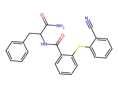 N-(1-amino-1-oxo-3-phenylpropan-2-yl)-2-(2-cyanophenyl)sulfanylbenzamide structure