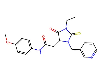 2-[1-ethyl-5-oxo-3-(pyridin-3-ylmethyl)-2-sulfanylideneimidazolidin-4-yl]-N-(4-methoxyphenyl)acetamide structure