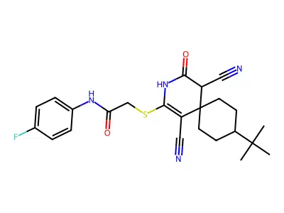 2-[(9-tert-butyl-1,5-dicyano-4-hydroxy-3-azaspiro[5.5]undeca-1,3-dien-2-yl)sulfanyl]-N-(4-fluorophenyl)acetamide structure