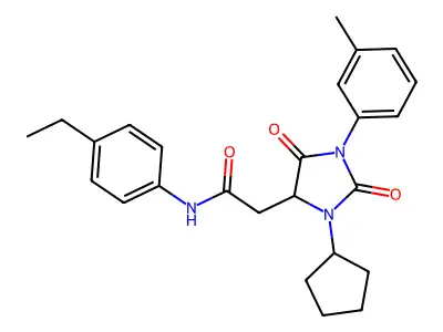 2-[3-cyclopentyl-1-(3-methylphenyl)-2,5-dioxoimidazolidin-4-yl]-N-(4-ethylphenyl)acetamide structure