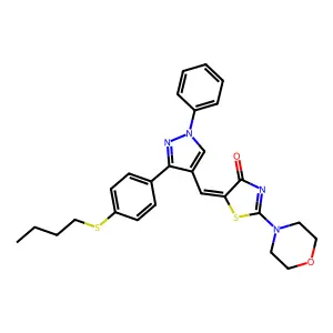 (5Z)-5-({3-[4-(butylsulfanyl)phenyl]-1-phenyl-1H-pyrazol-4-yl}methylidene)-2-(morpholin-4-yl)-1,3-thiazol-4(5H)-one structure